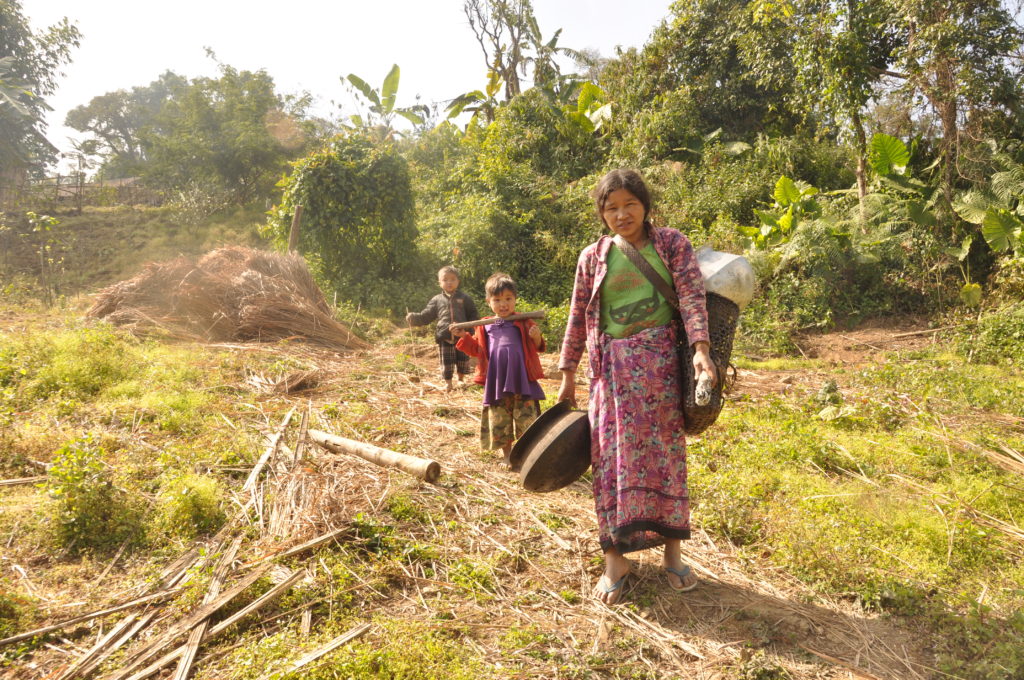 Women and children heading to the fields to tend to opium crops.