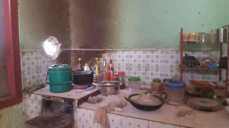 Kitchen destroyed by heavy weapons fire.