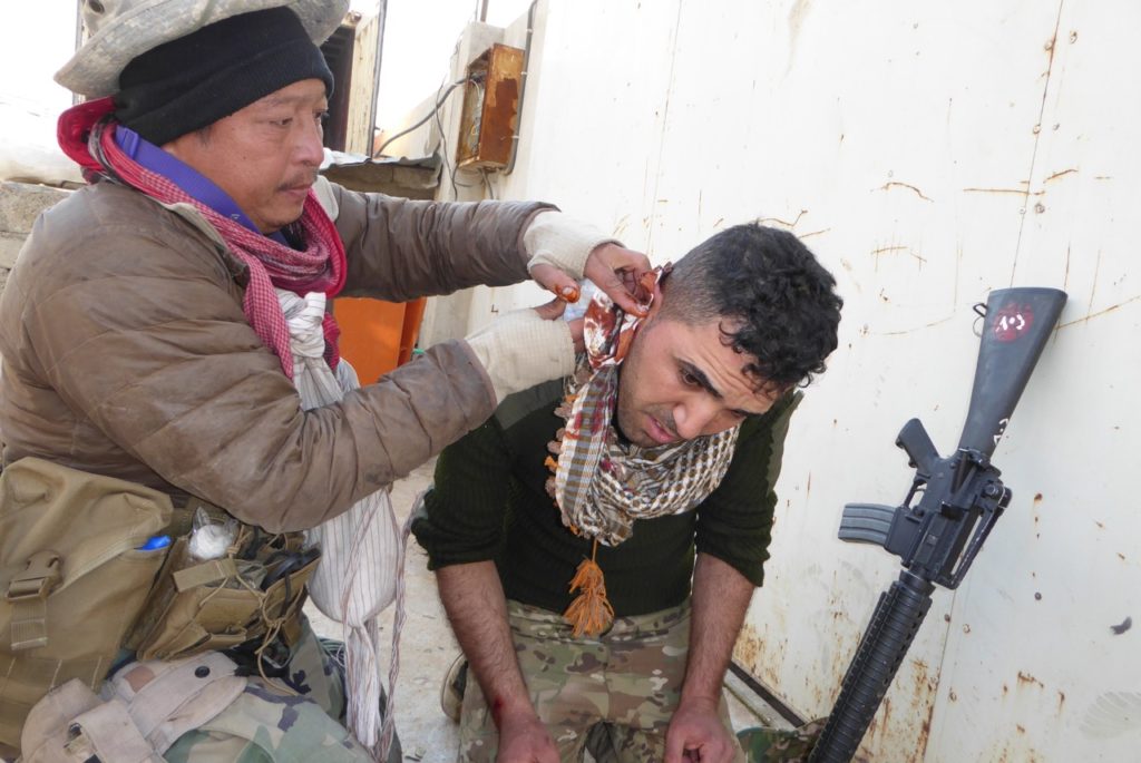Eliya, Karen FBR medic treats Iraqi soldier wounded by ISIS suicide bomber NE Mosul