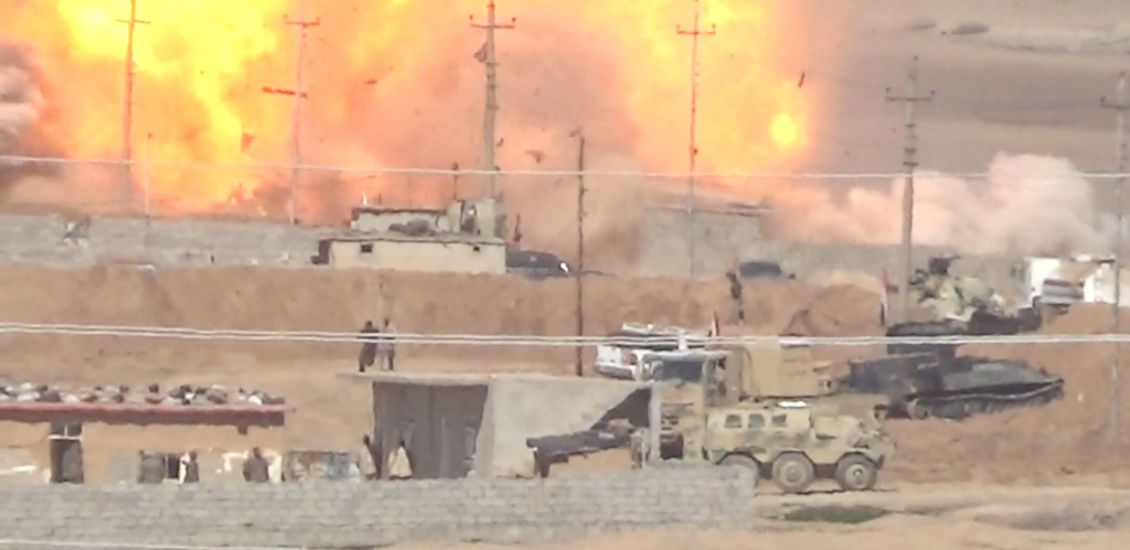 ISIS suicide car (VBED) explodes into an Iraqi Army position west of Mosul.