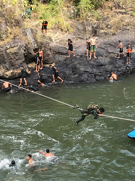 The swimming/rappelling/rope bridge station at training.