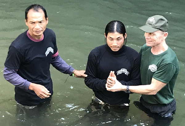 Saw Joseph, center, with FBR Chaplain Doh Say (left) and Dave Eubank (right).