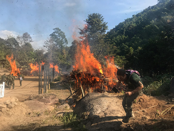 The burning village of the attack simulation for the final exercise.