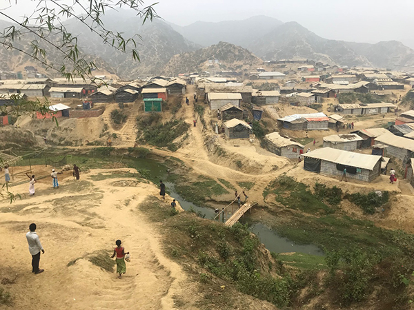 One of the Rohingya refugee camps on the edge of denuded hills.