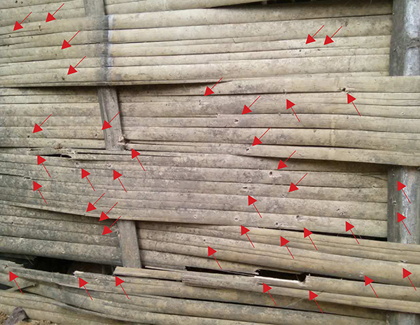 Larger shrapnel impacts are marked in red. The impacts near the bottom of the wall blew in bamboo panels.
