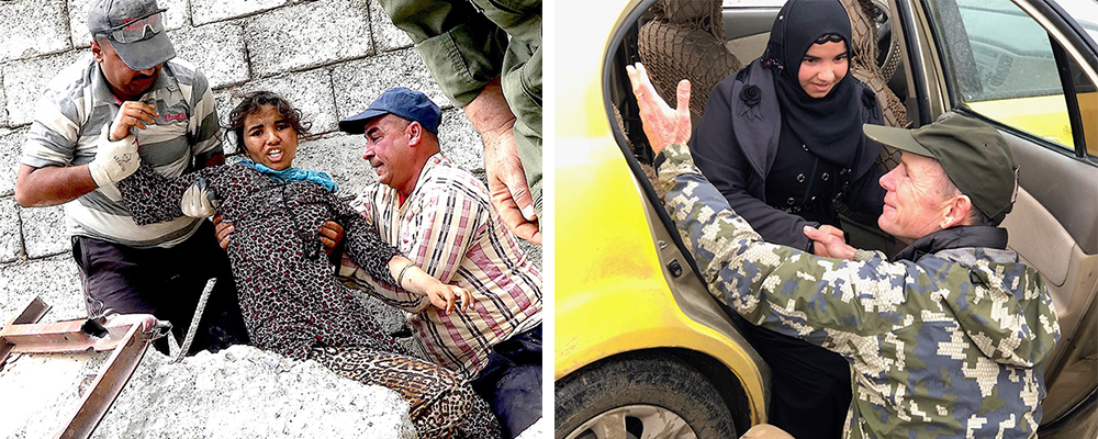 Left: Rahab being rescued in ISIS territory and from under ISIS fire, 6 May 2017. Right: Rahab, recovering, meets Dave, family and team in February 2018 for the first time since her rescue.