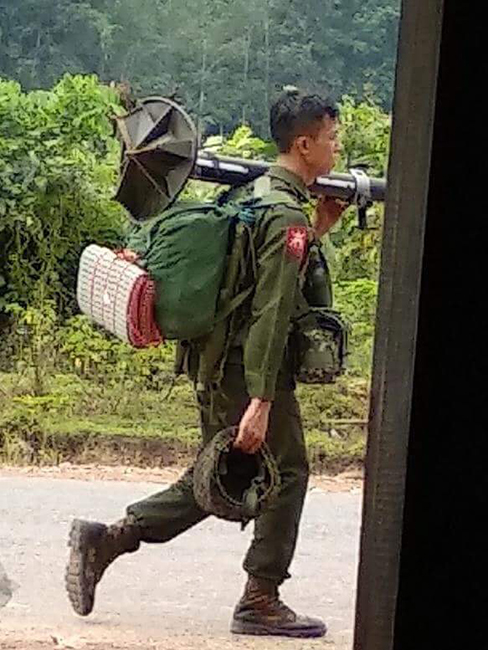 A Burma Army soldier moving to Ta Khee Ko, an old Burma Army position camp, on September 11, 2018.