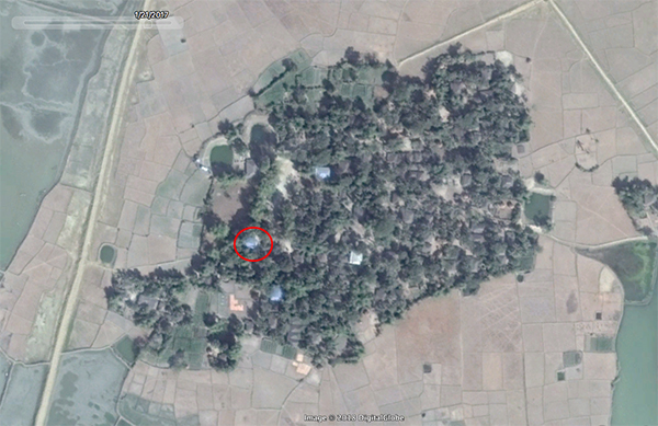 Naribill Village in Jan. 2017, before Burma Army attacks. The village mosque is circled in red.