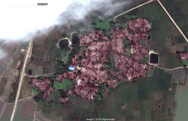 Narbill Village in April 2018 and well after Burma Army attacks. There are no signs of life or rebuilding here but the mosque's blue roof is still visible.