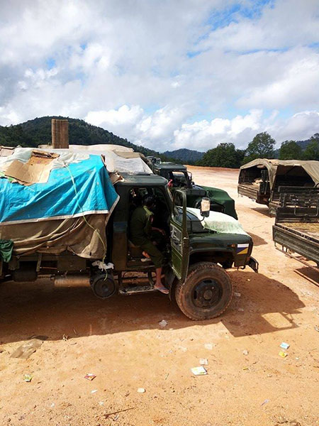 Burma Army transport trucks in Karen State, Burma. Jan. 2019.