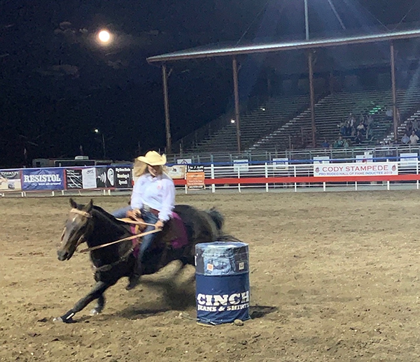 Sahale barrel racing at the Cody rodeo.