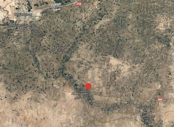 The red circle shows the approximate location of Soda Village between Tel Tamir and Ras Al Ein near the Turkey-Syria border.