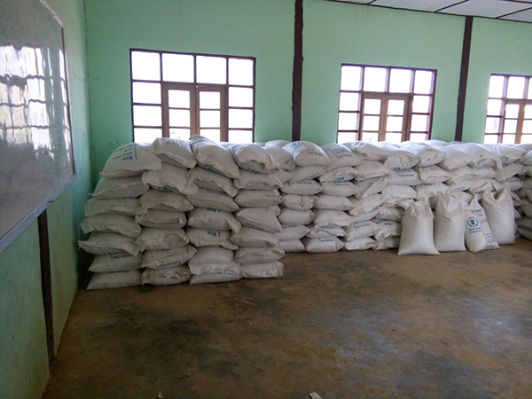 Sacks of rice waiting to be distributed.