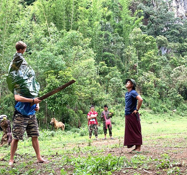 Acting out a David and Goliath play for the children of Ler Mu Plaw.